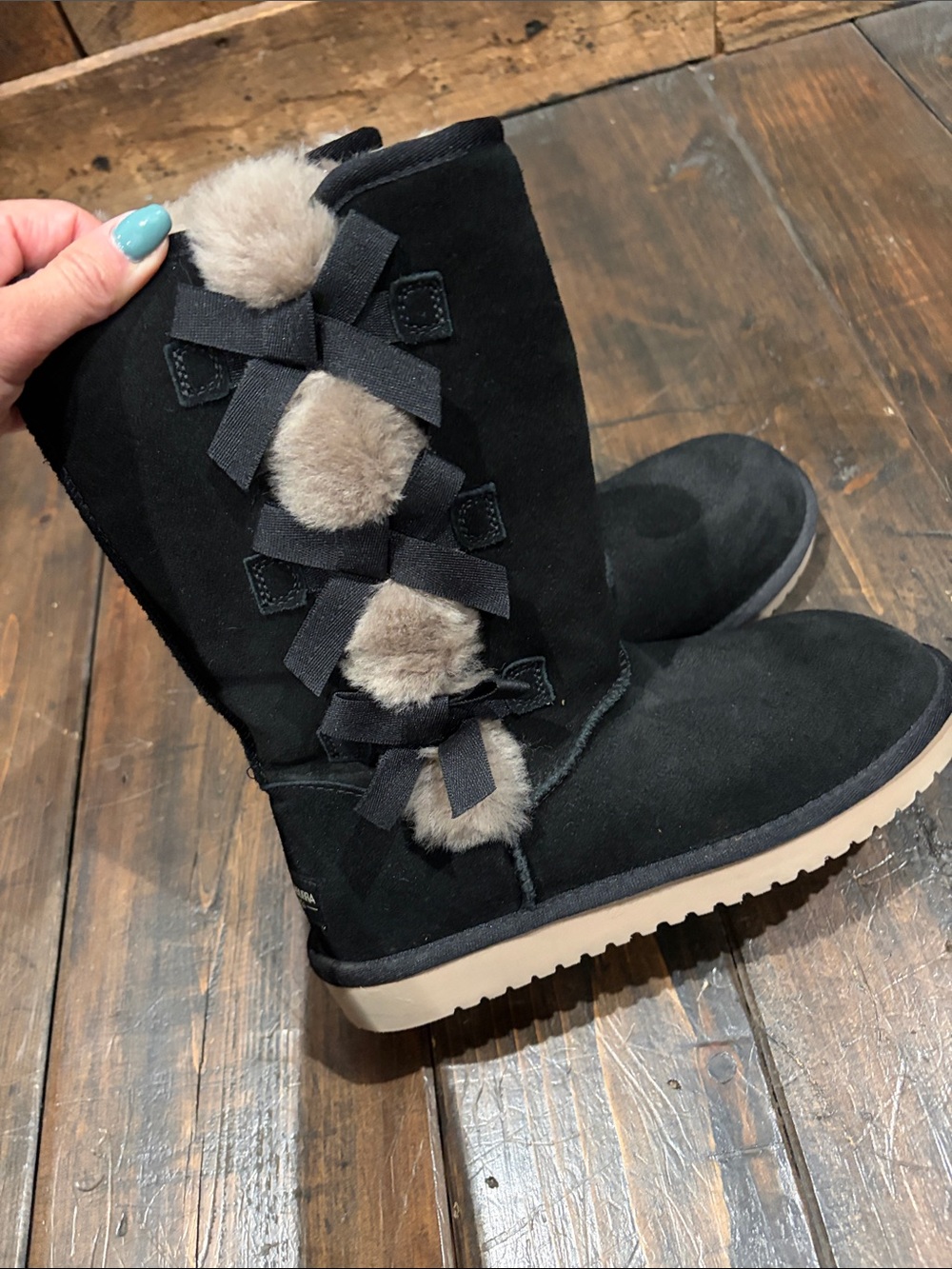 Koolaburra by UGG Black Suede Winter Boots with Beige Fur Pom Accents - new